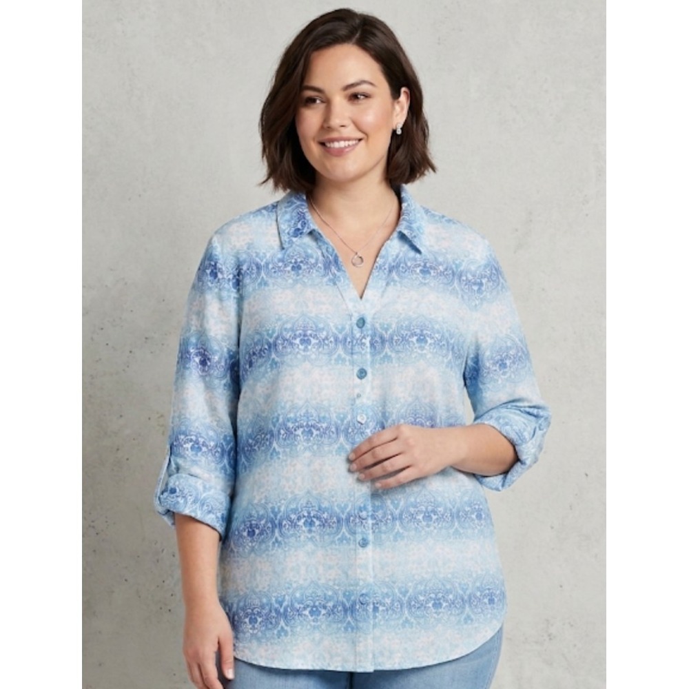 Charter Club Shirt Womens XL Blue‎ White Linen Popover Tunic Roll Tab Sleeve